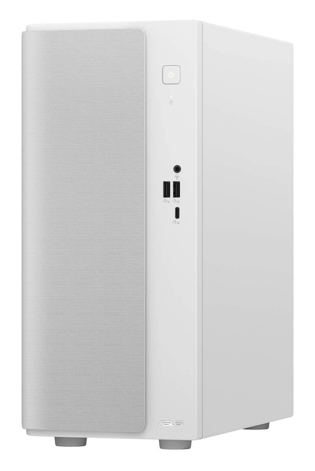 Una carcasa de ordenador Asus blanca con malla de tela vertical, puertos USB y botón de encendido en el panel frontal.