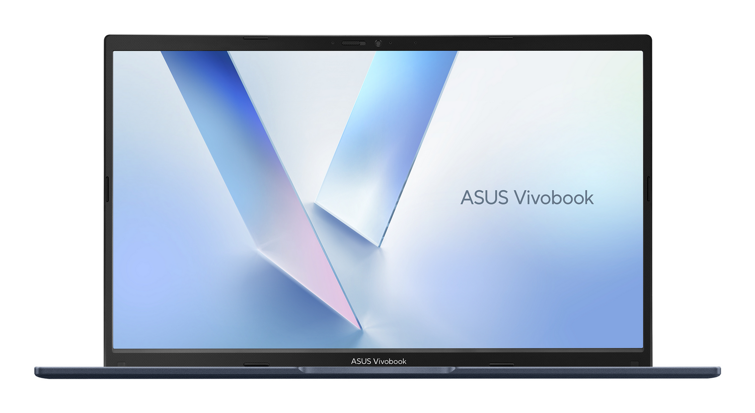 Un ordenador portátil ASUS Vivobook azul con pantalla azul claro y gráficos geométricos.