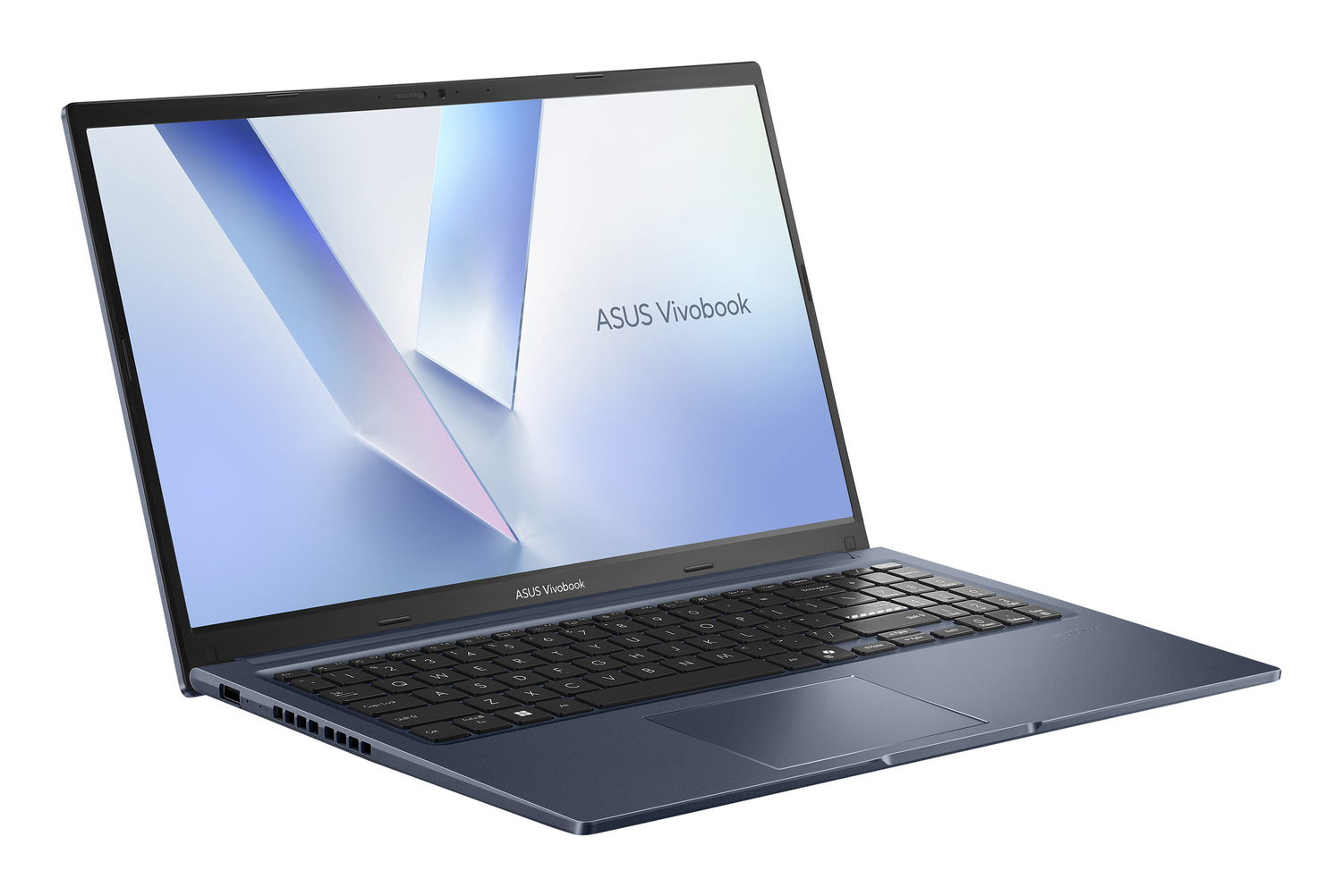 Un ordenador portátil ASUS Vivobook azul con pantalla abierta y teclado negro sobre fondo blanco.