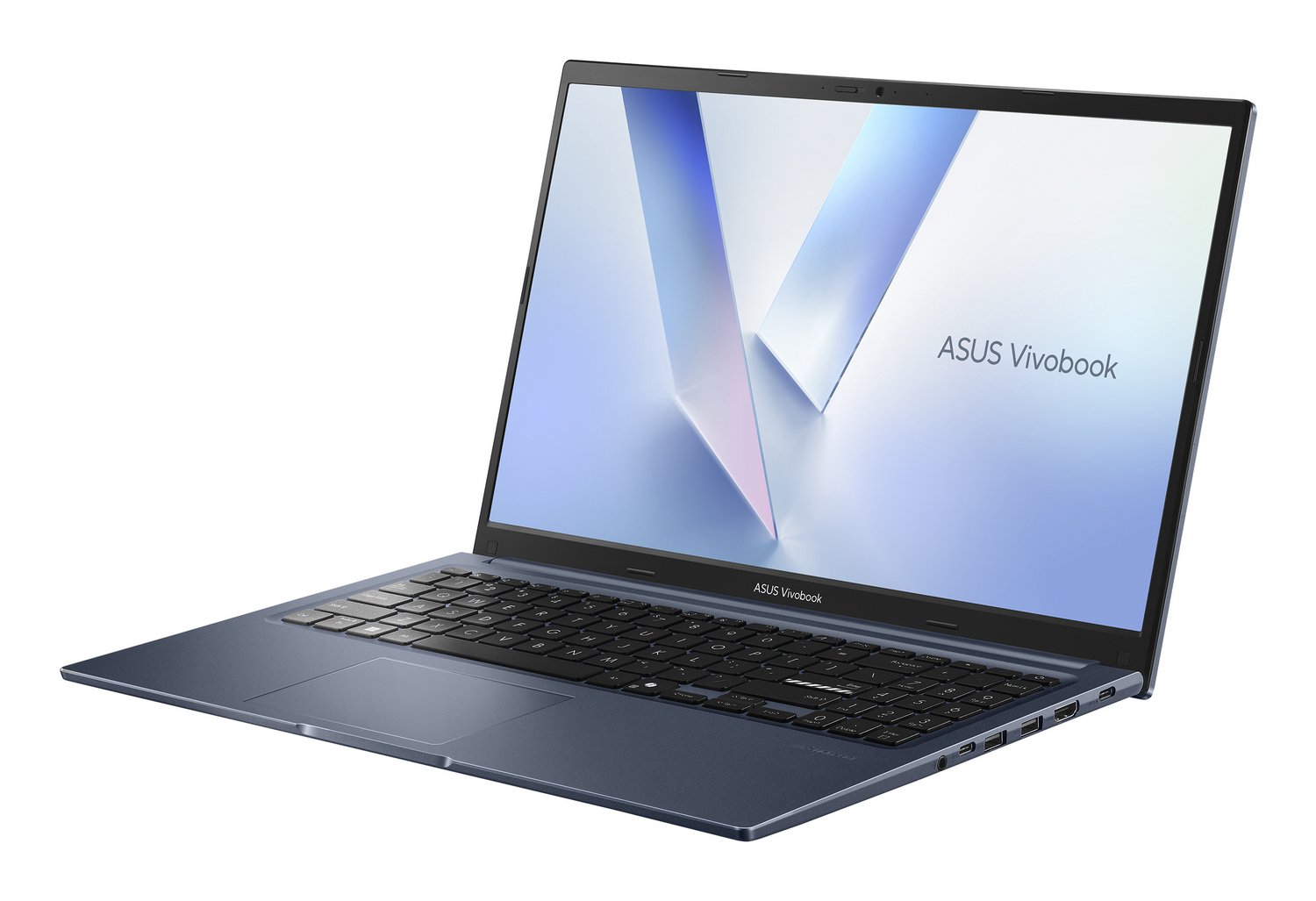 Un ordenador portátil ASUS Vivobook azul se muestra abierto sobre una superficie blanca.
