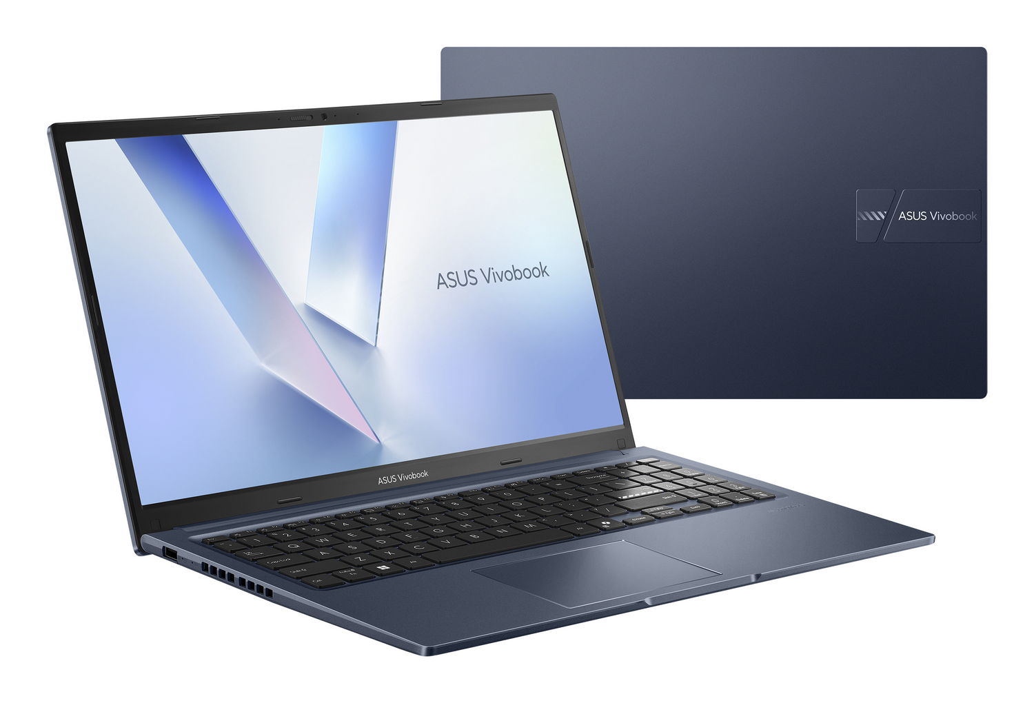 Un ordenador portátil azul ASUS Vivobook abierto mostrando una pantalla, con la tapa cerrada en el fondo.