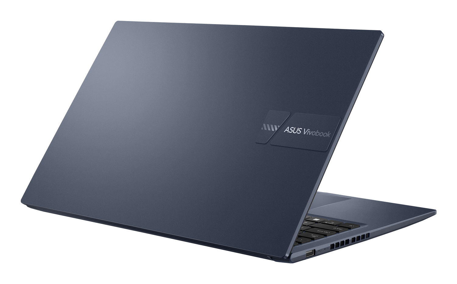 Un ordenador portátil ASUS Vivobook azul cerrado sobre fondo blanco.
