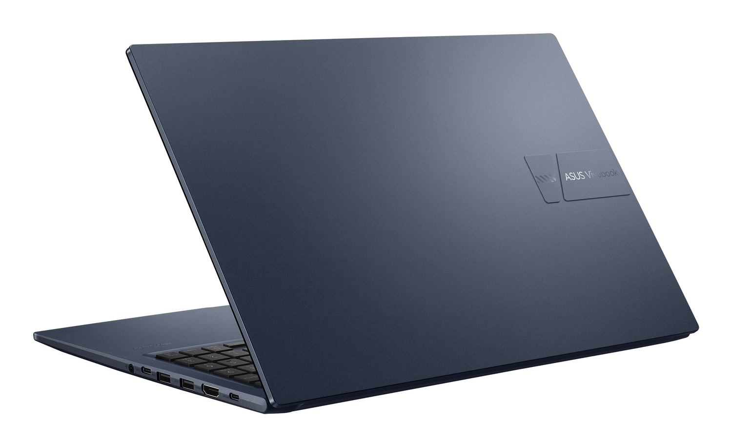 Un ordenador portátil Asus Vivobook de color azul oscuro cerrado sobre fondo blanco, destacando su chasis y logotipo.
