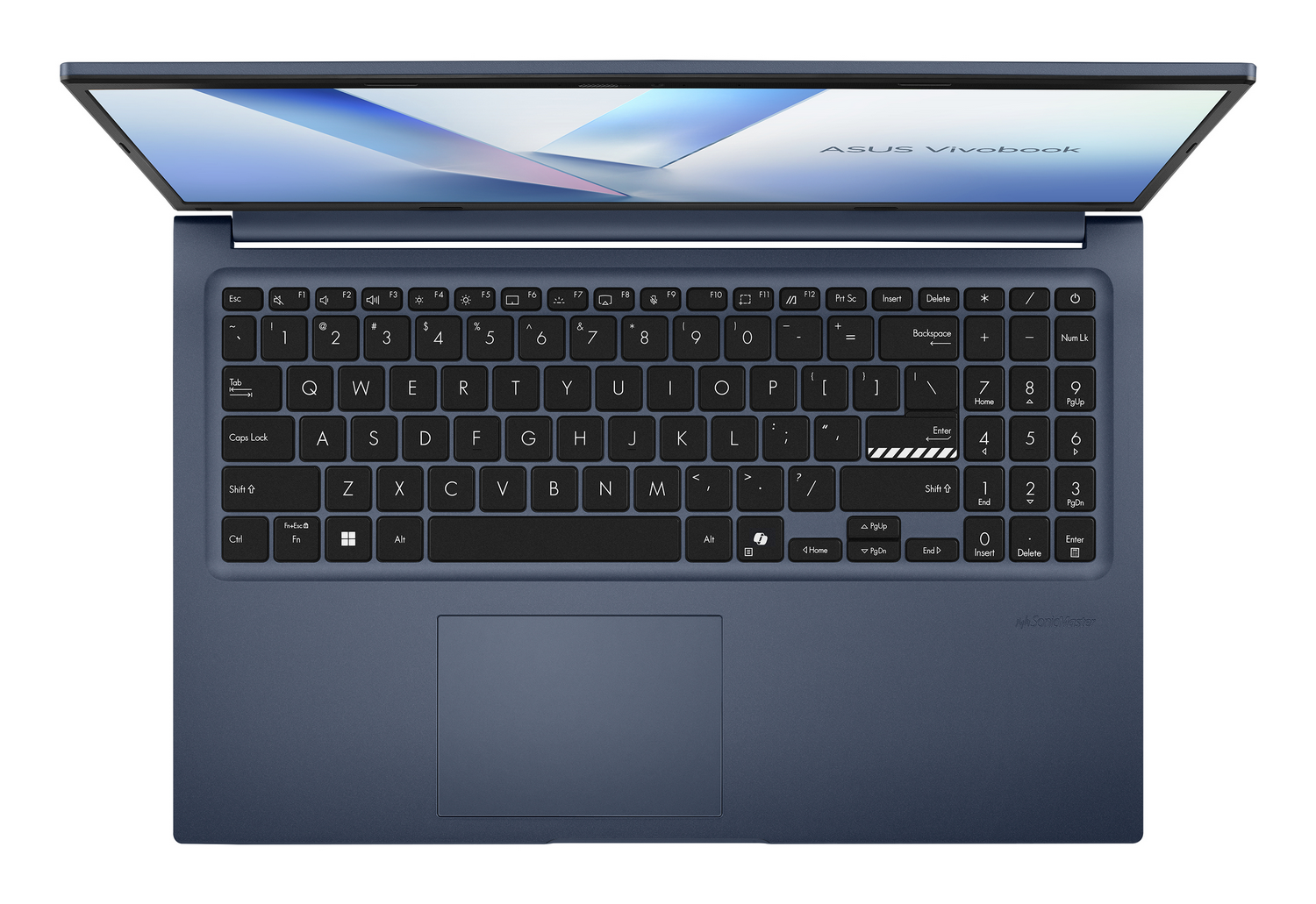Portátil Asus Vivobook azul oscuro con teclado QWERTY y pantalla abierta en vista superior.