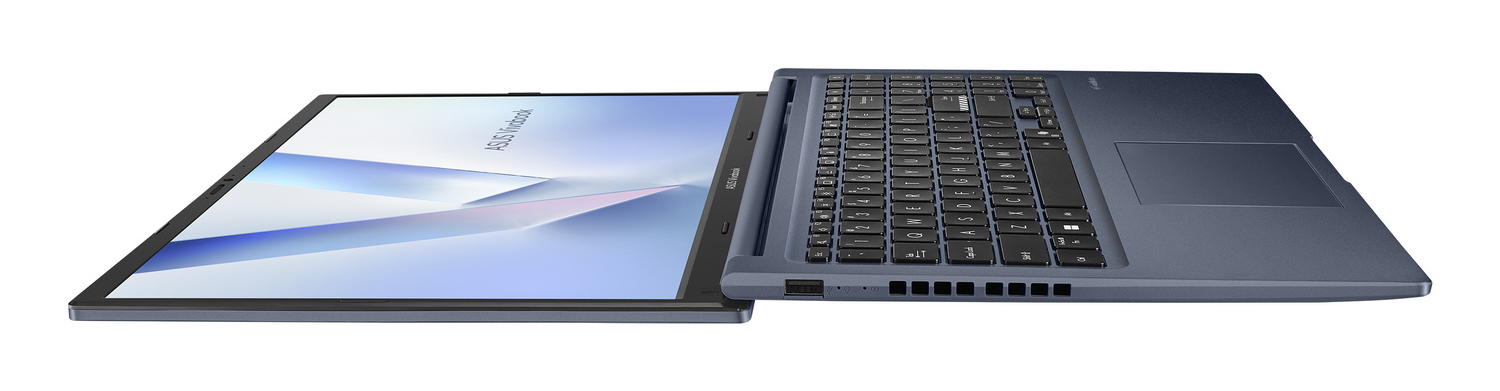Una laptop azul abierta en una superficie plana, mostrando su teclado y pantalla brillante.
