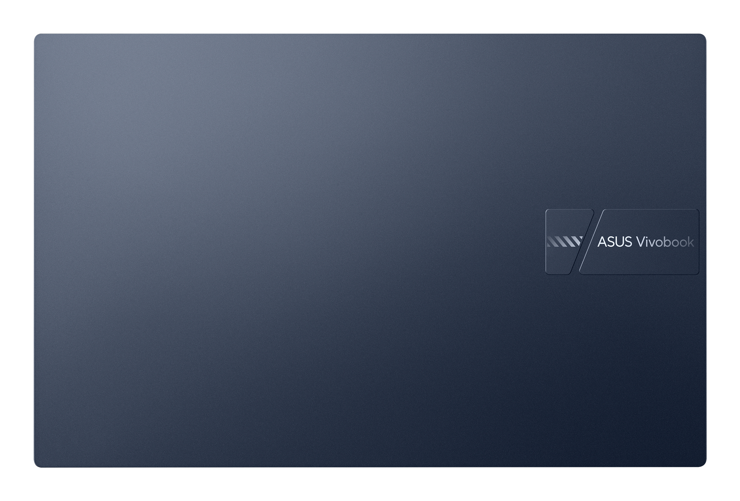 Tapa de portátil Asus Vivobook azul oscura con logotipo grabado en el lado derecho.