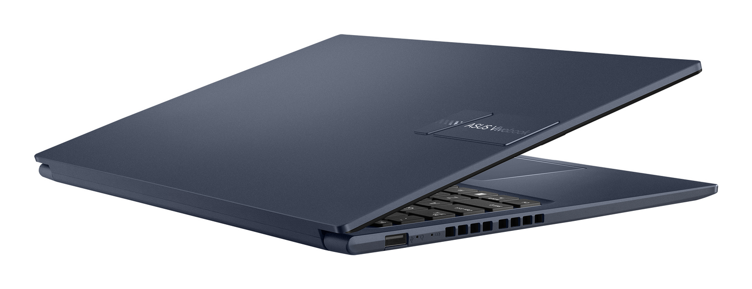 Un portátil Asus Vivobook azul cerrado visto desde el lateral, sobre fondo blanco.