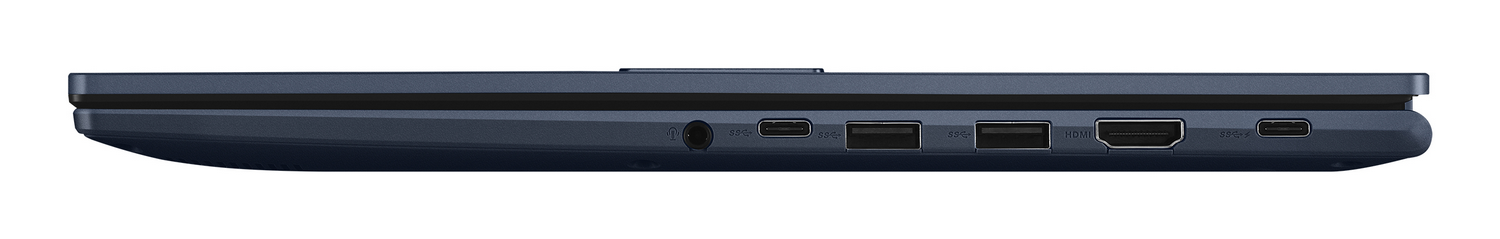Vista lateral de un portátil azul con varios puertos, incluidos USB-C, USB-A, HDMI y conector de audio.