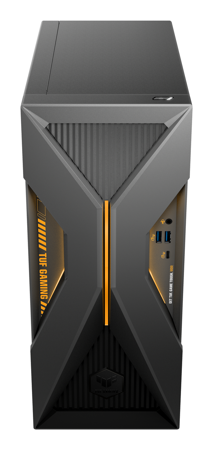 Una torre de PC TUF Gaming gris con detalles naranjas y puertos frontales.