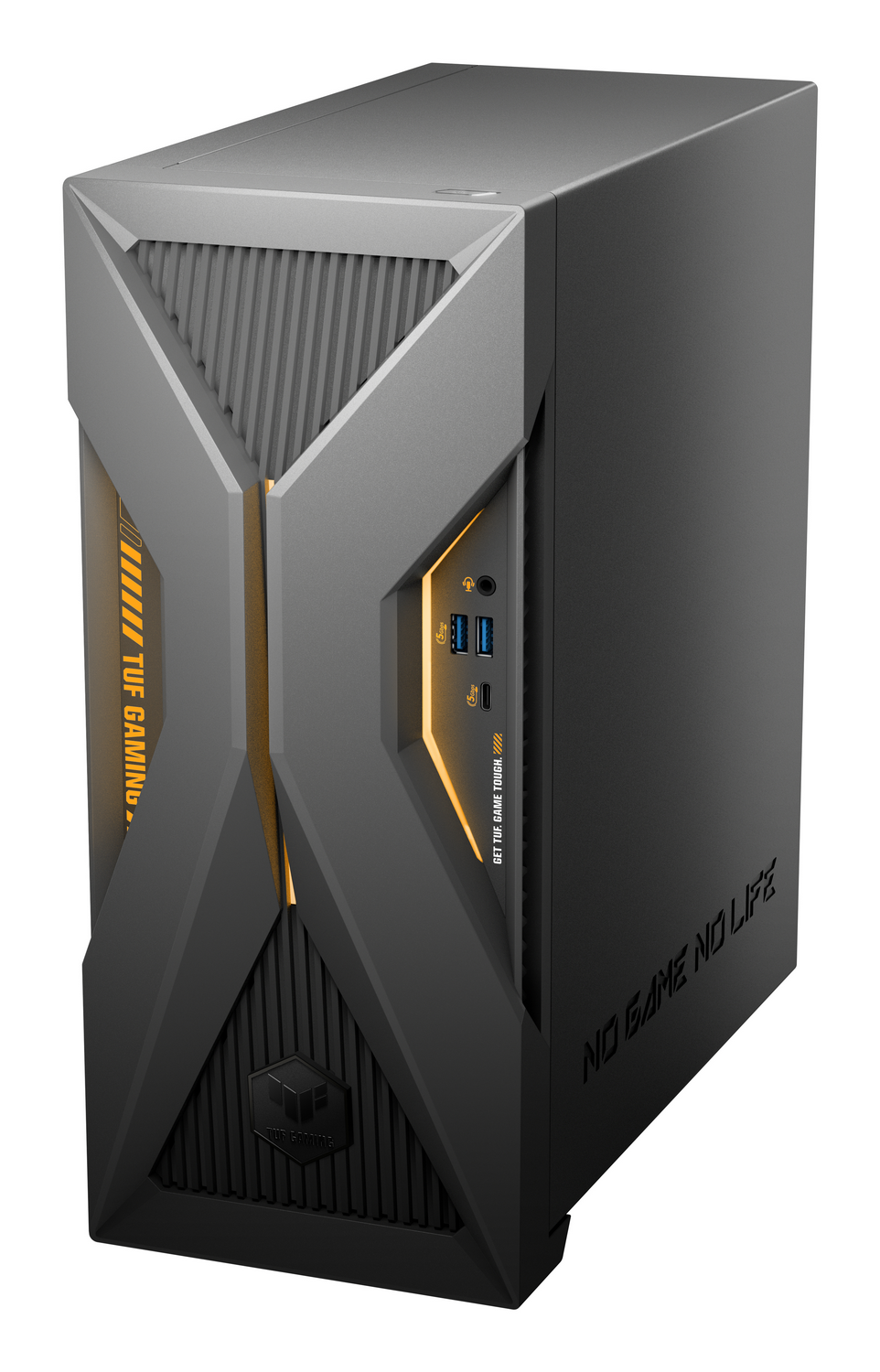 Torre de PC gaming gris con diseño angular, iluminación naranja, puertos USB y logotipo TUF Gaming.