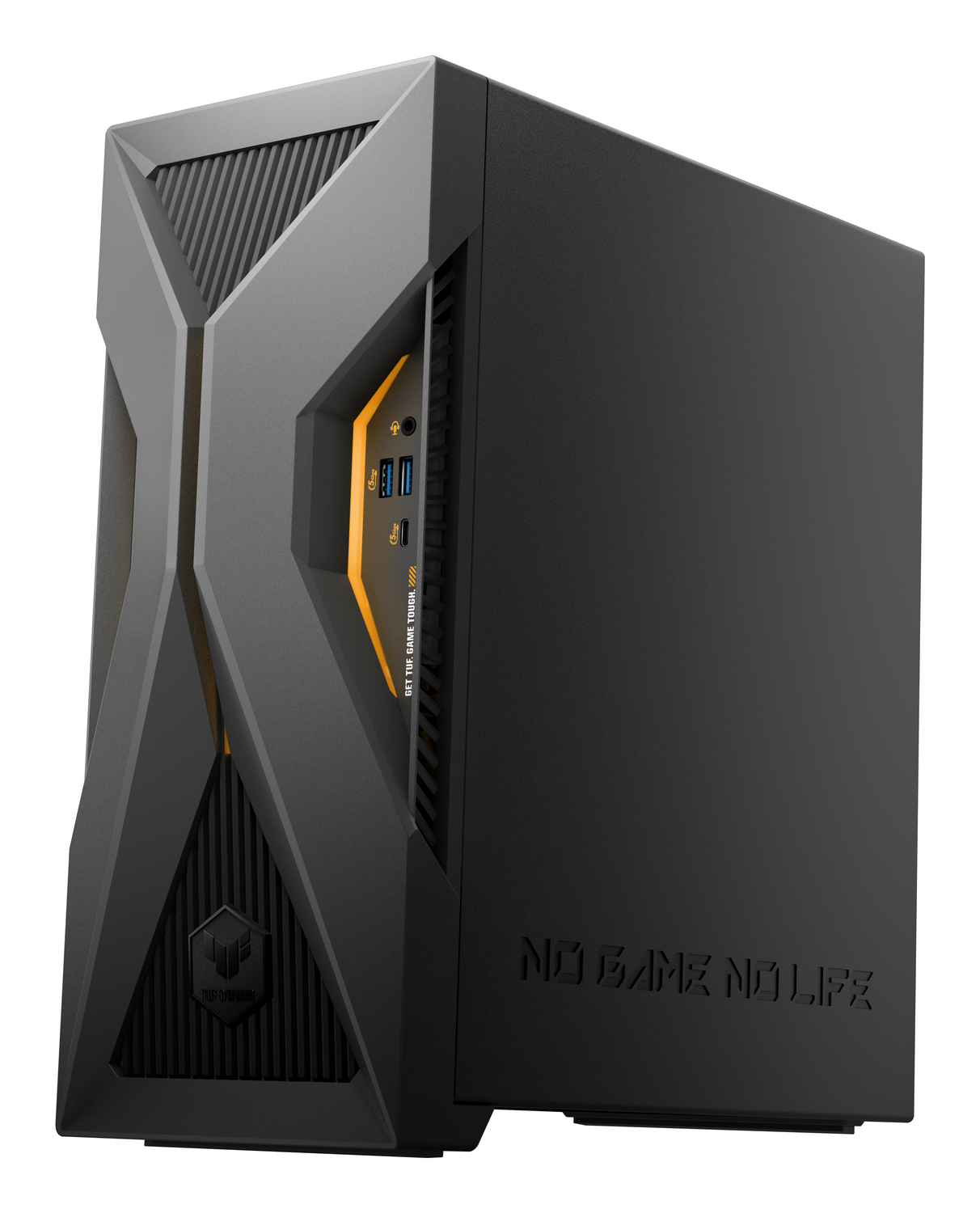 Torre de PC gaming negra con frente en forma de X, luces naranjas, puertos USB y texto NO GAME NO LIFE.