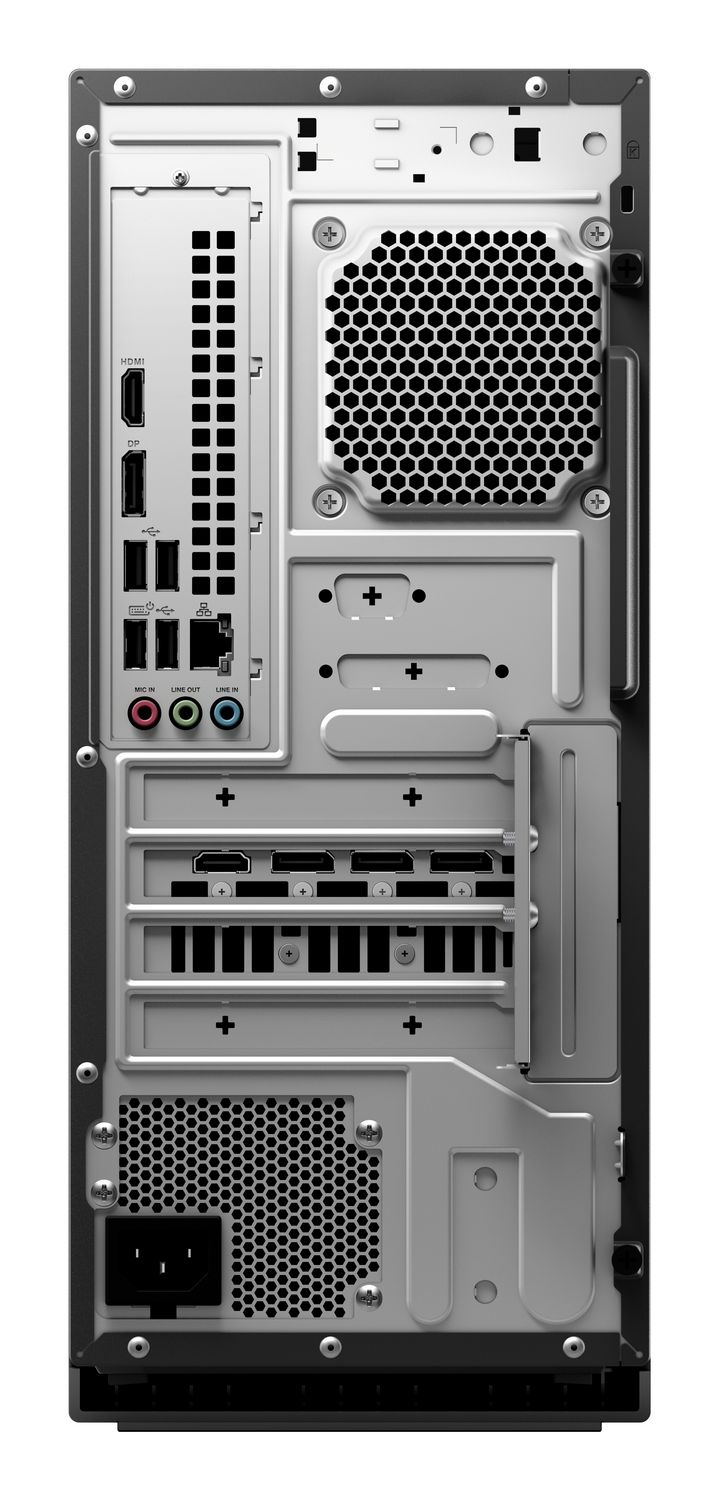 Panel trasero de una computadora de escritorio con varios puertos, rejillas de ventilación y ranuras.