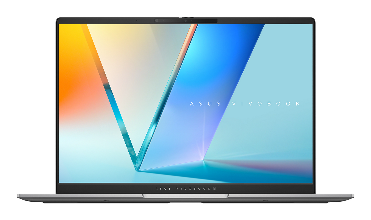 Portátil Asus Vivobook abierto desde el frente, mostrando un fondo de pantalla abstracto y colorido.
