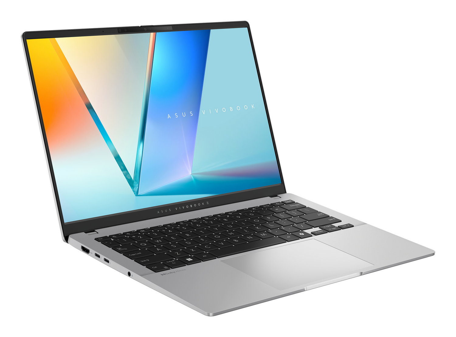 Portátil plateado ASUS VivoBook S con teclado negro y pantalla colorida sobre fondo blanco.