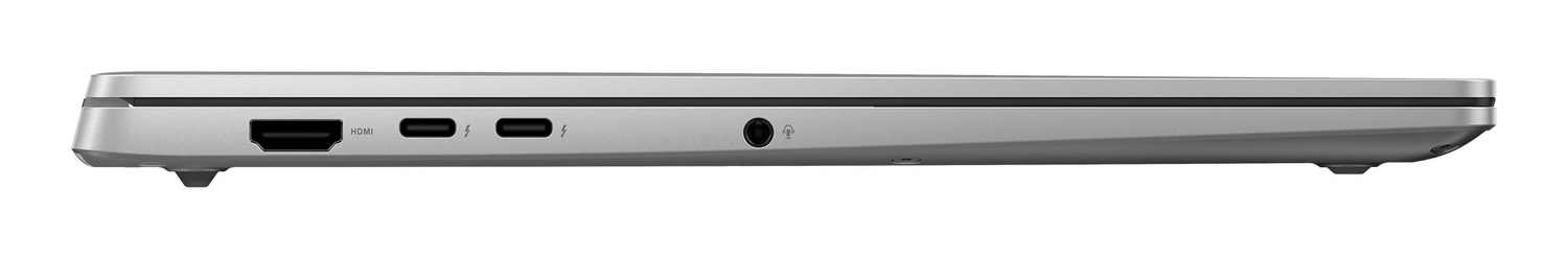 Perfil lateral de un portátil plateado con HDMI, dos puertos Thunderbolt y conector de audio.