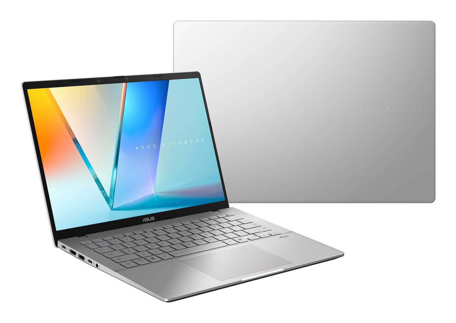 Portátil plateado ASUS VivoBook abierto y cerrado sobre fondo blanco.