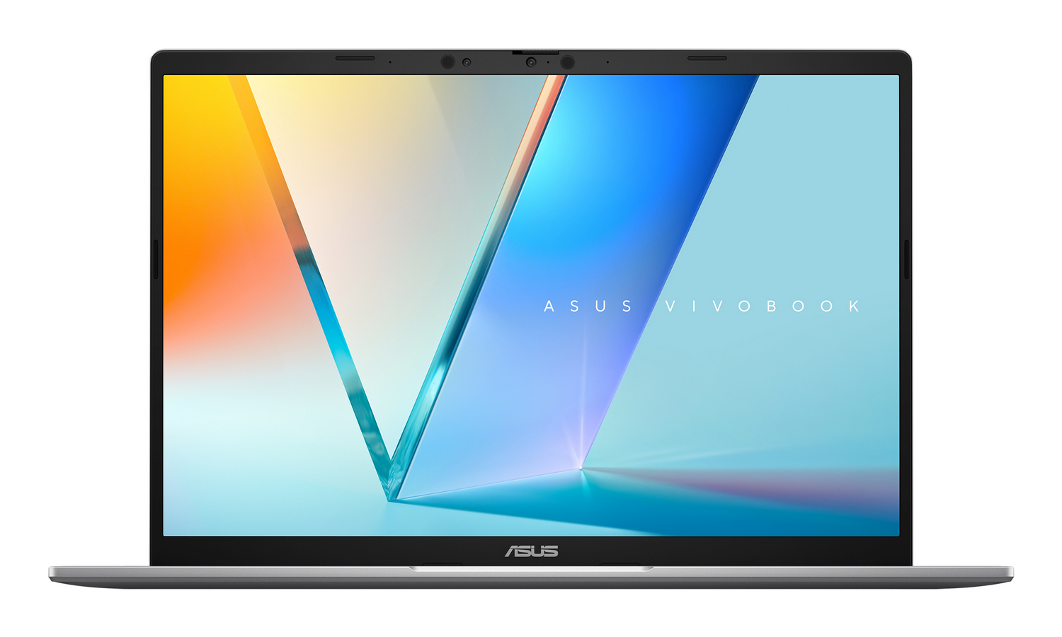 Vista frontal de un portátil Asus Vivobook plateado con un fondo colorido.