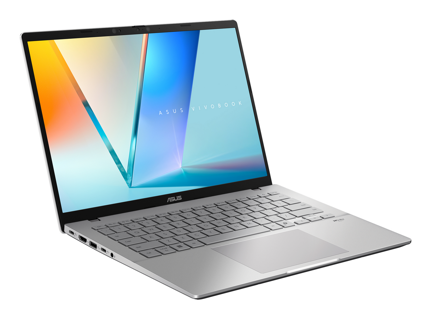 Un ordenador portátil plateado ASUS Vivobook abierto sobre un fondo blanco con una pantalla colorida.