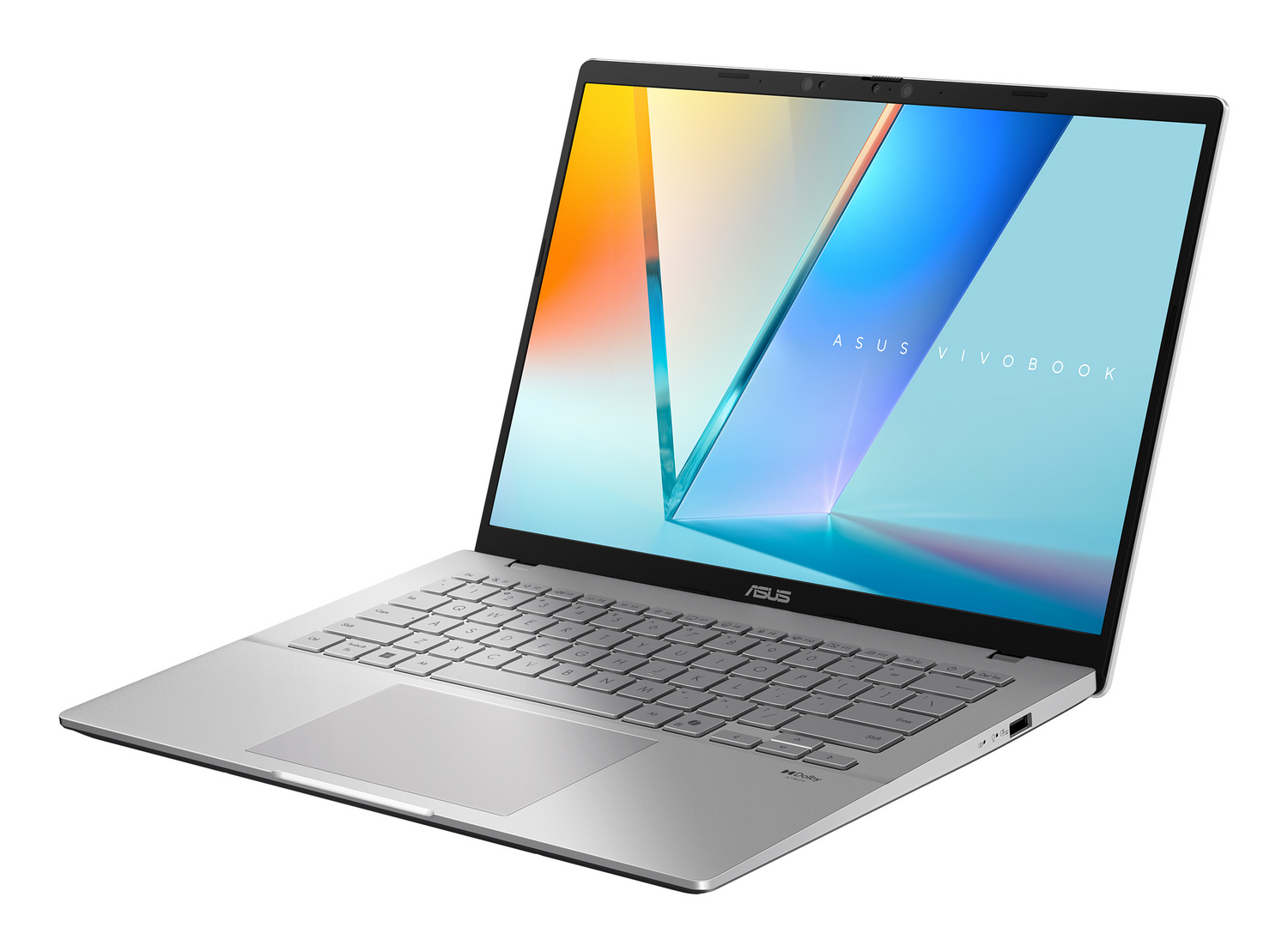 Una laptop Asus Vivobook plateada abierta sobre fondo blanco con un fondo de pantalla abstracto.