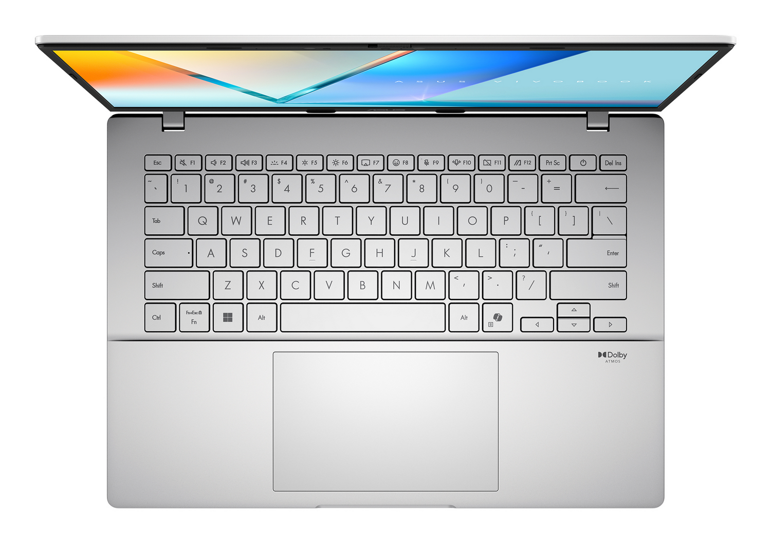 Vista superior de un portátil plateado con teclado QWERTY, panel táctil y pantalla encendida.