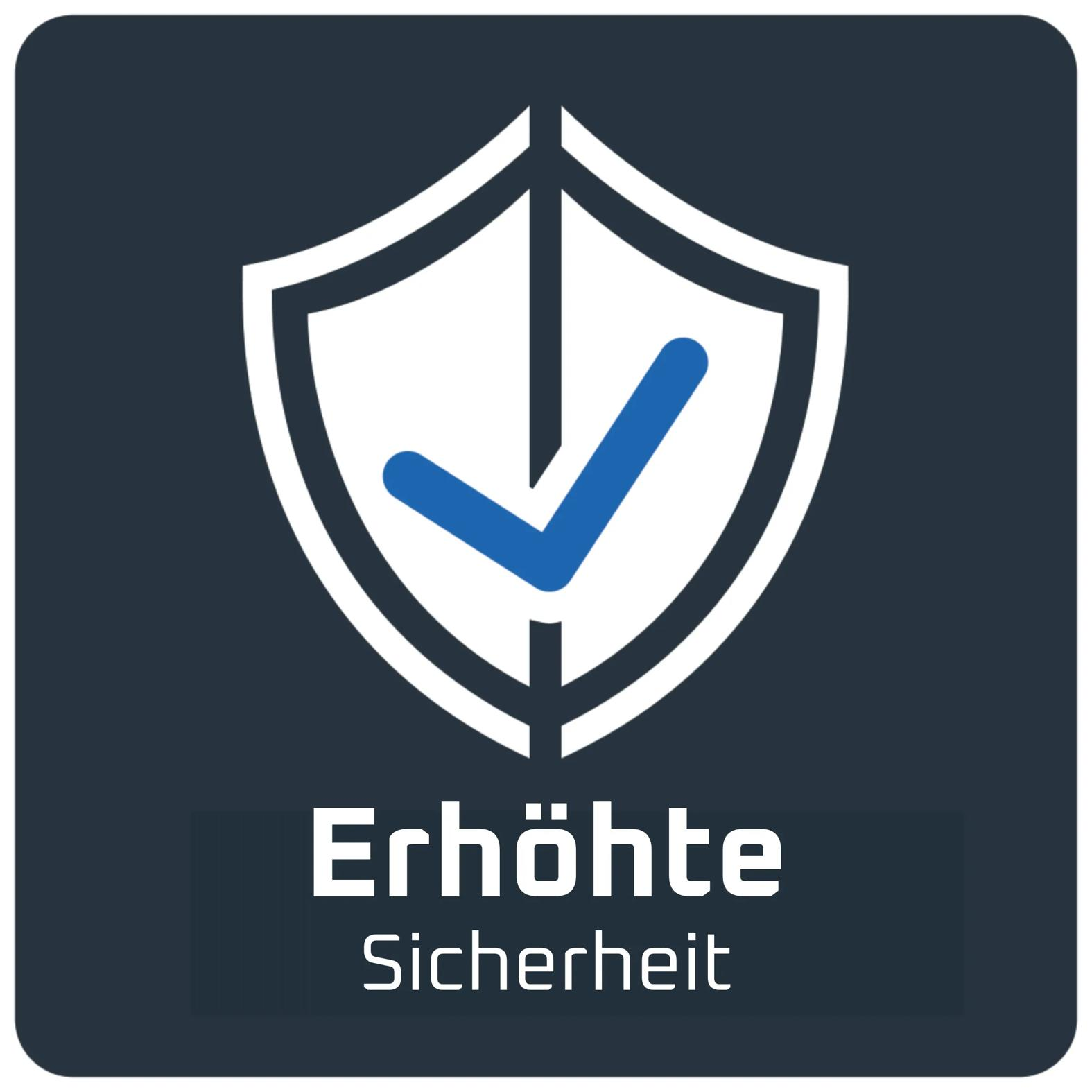 Dunkelblaues Schild mit weißem Schild-Symbol, blauem Häkchen und dem Text Erhöhte Sicherheit.
