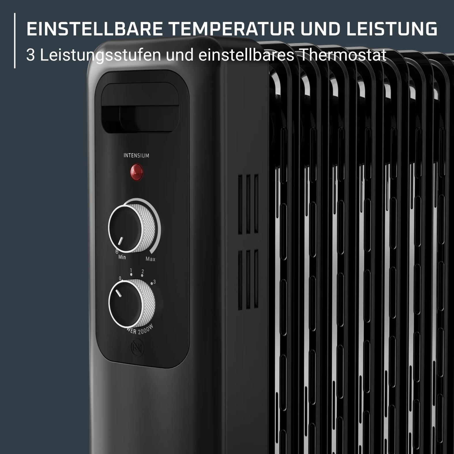 Schwarzer Ölradiator mit zwei Einstellrädern und Text im Hintergrund.