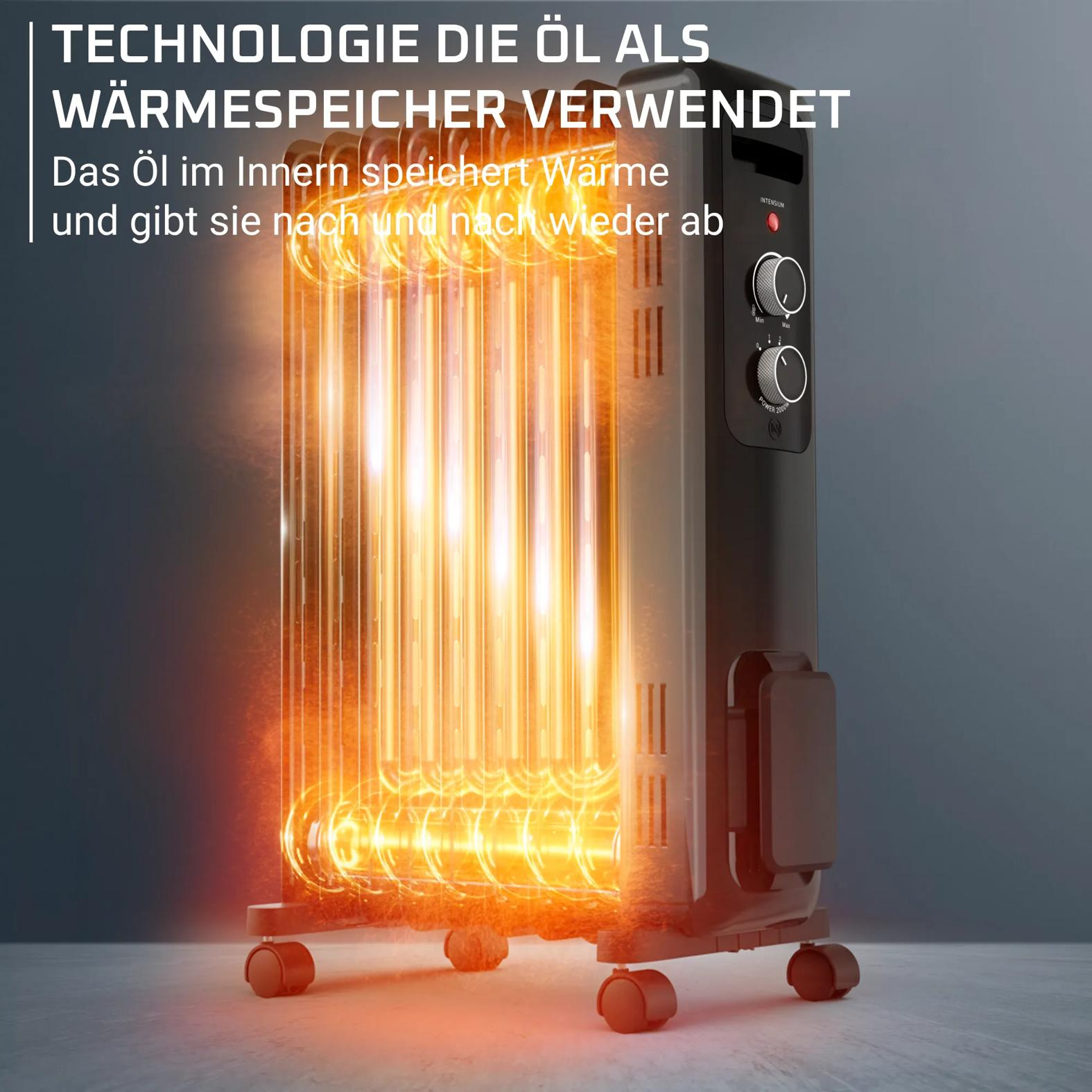Ein Ölradiator auf Rollen mit heller, orangefarbener Heizwirkung im Inneren und deutscher Beschriftung oben.