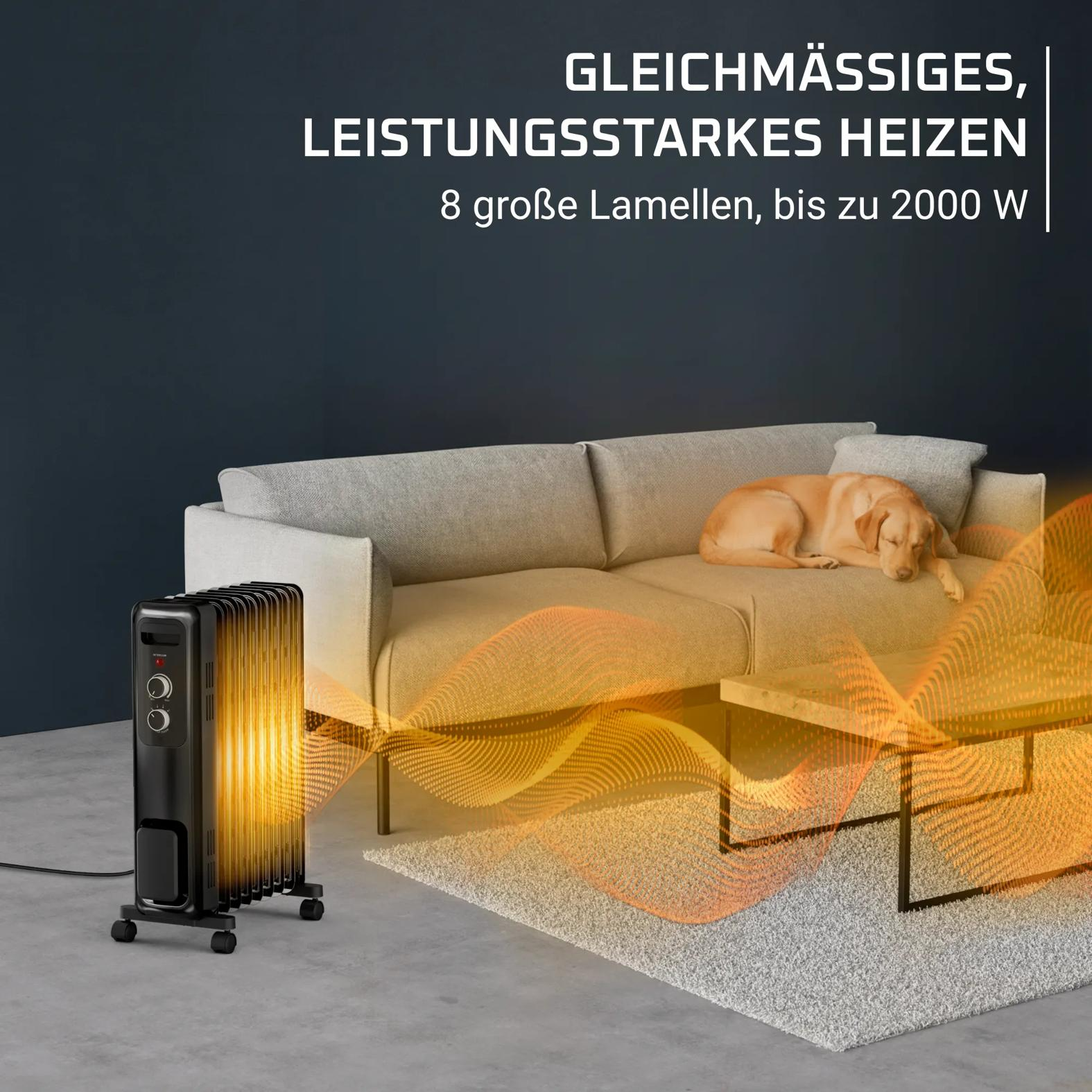Ein schwarzer Ölradiator heizt ein gemütliches Wohnzimmer, in dem ein Hund auf einem Sofa schläft.