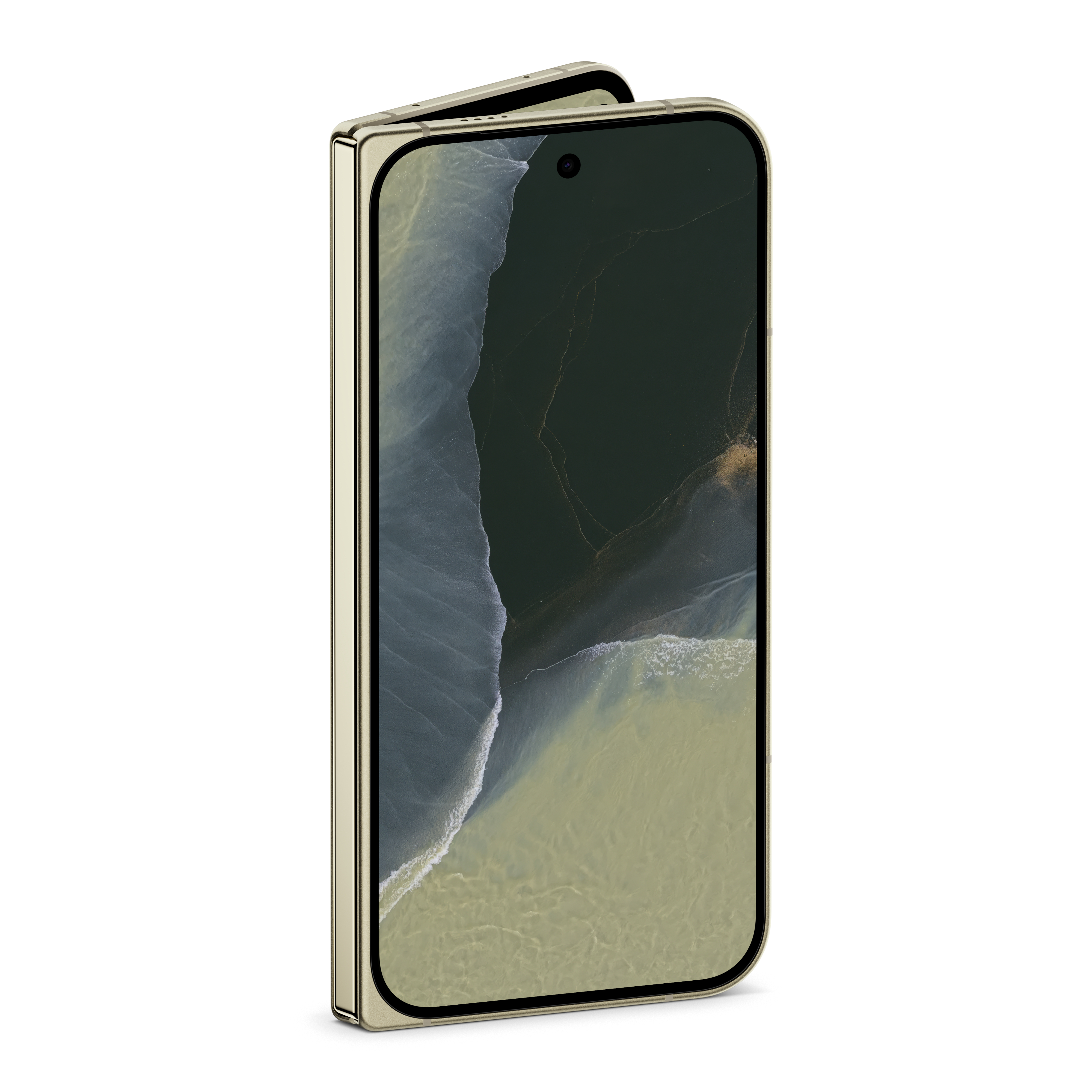 Ein goldenes faltbares Smartphone, das leicht geöffnet auf einer weißen Oberfläche steht.