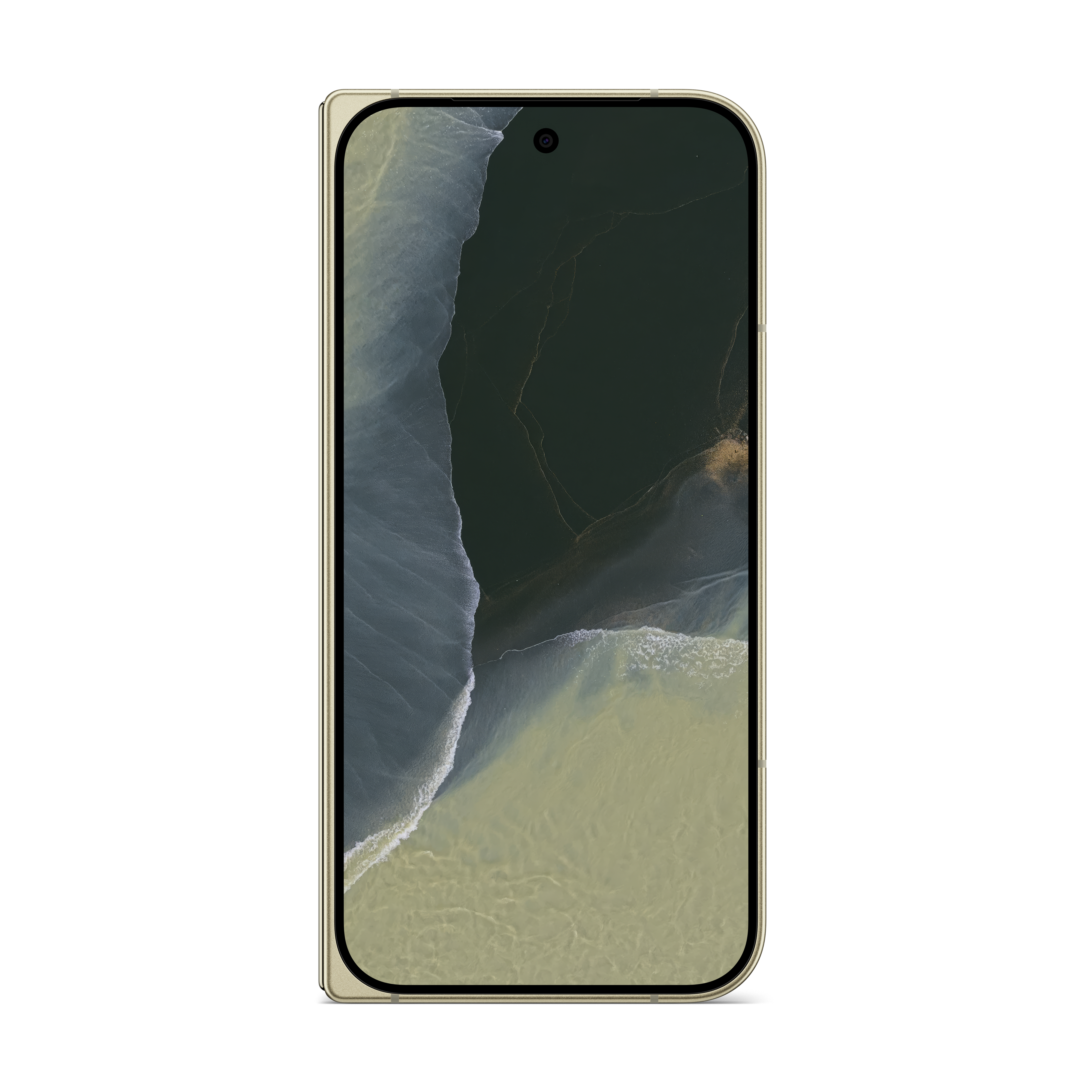 Ein Smartphone mit goldenem Rahmen zeigt einen Bildschirm mit einem abstrakten Bild von Wellen und Dunkelheit.