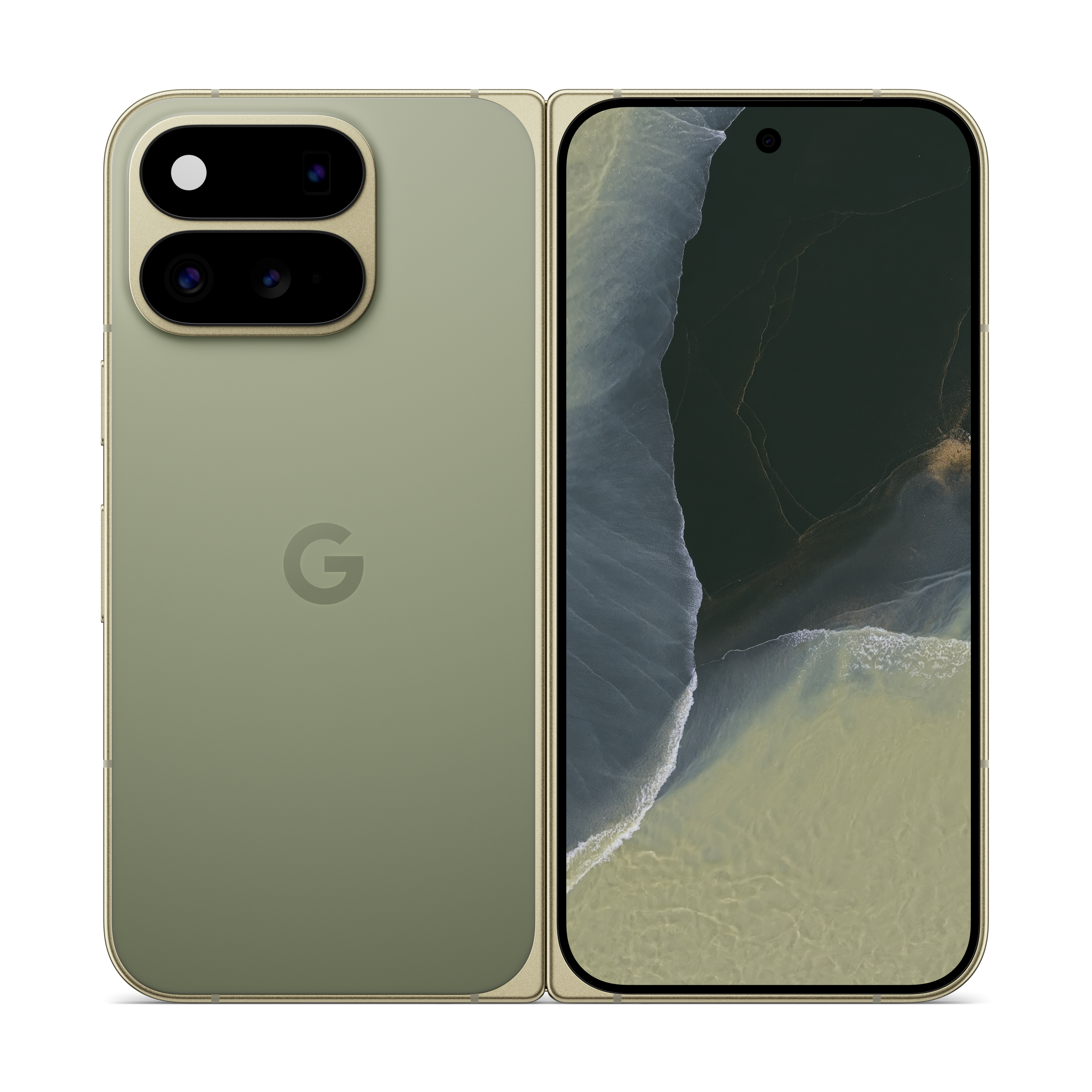 Ein grünes faltbares Smartphone zeigt die Rückseite mit Kameramodul und die Vorderseite mit Display.