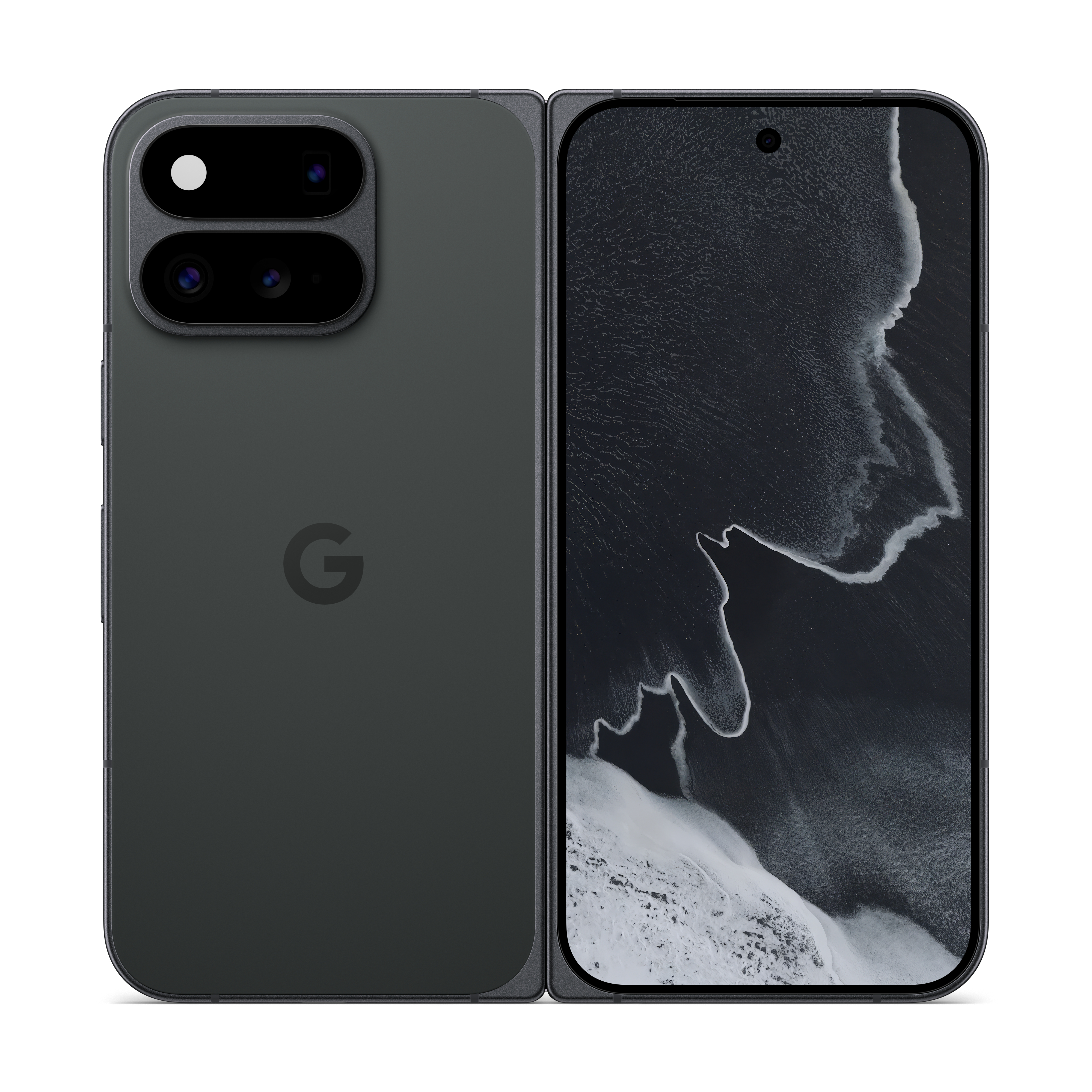 Ein dunkelgraues faltbares Smartphone zeigt die Rückseite mit Dual-Kamera und Google-Logo sowie das Frontdisplay mit dunklem Hintergrund.
