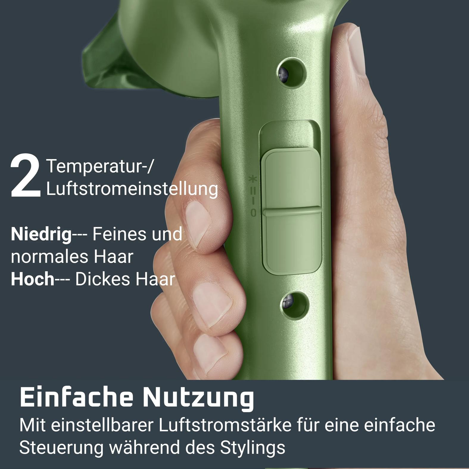Hand hält grünen Haartrockner mit Schalter für zwei Temperatureinstellungen und Text über einfache Nutzung.