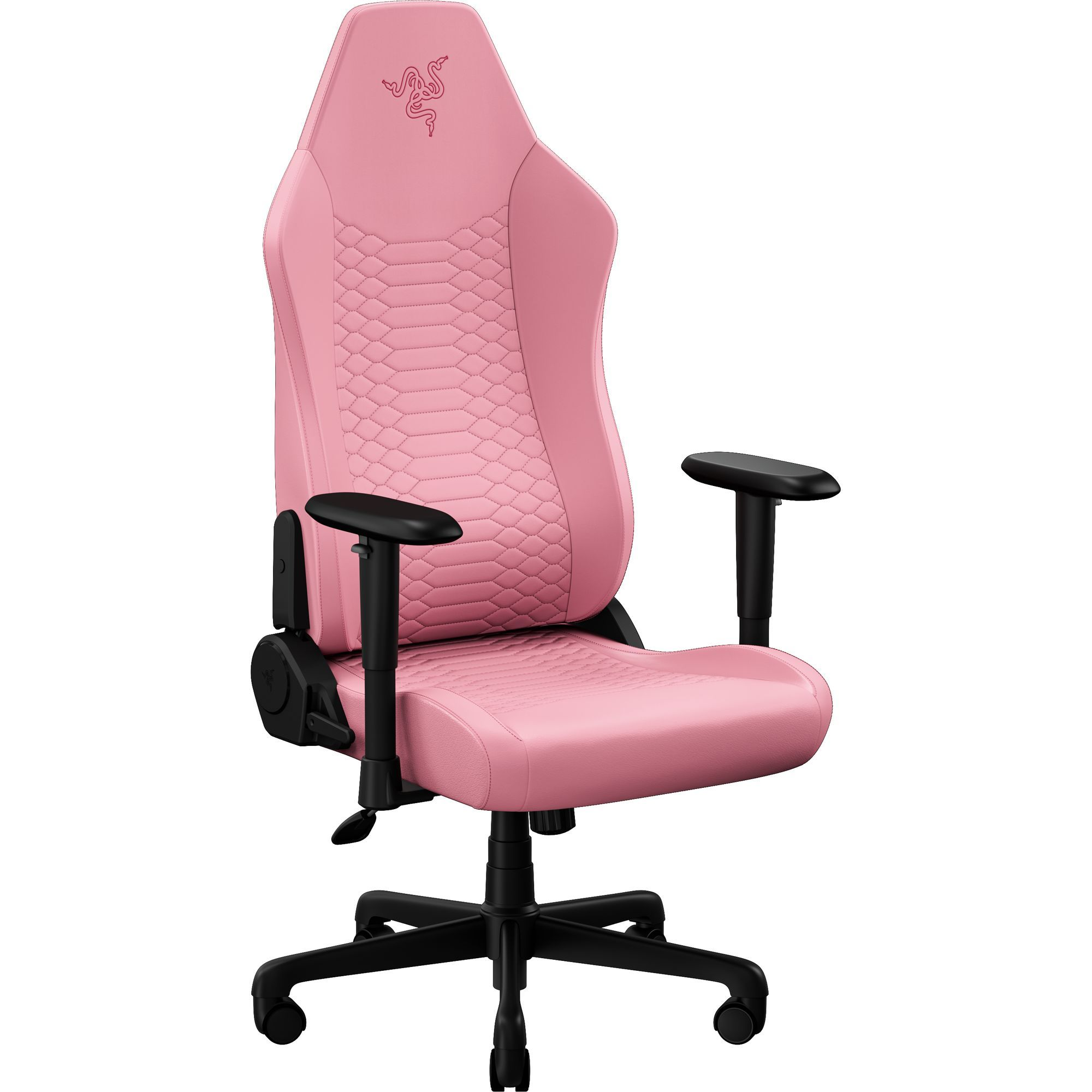 Beyaz arka planda siyah taban ve kolçaklara sahip, baş desteğinde logo bulunan pembe bir oyuncu koltuğu.