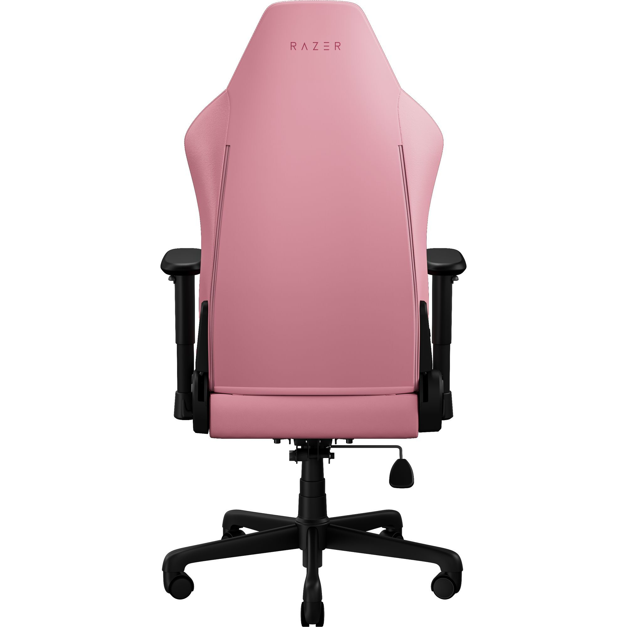 Beyaz arkaplanda siyah kolçaklara ve tekerlekli yıldıza sahip pembe bir Razer oyuncu koltuğunun arka görünümü.