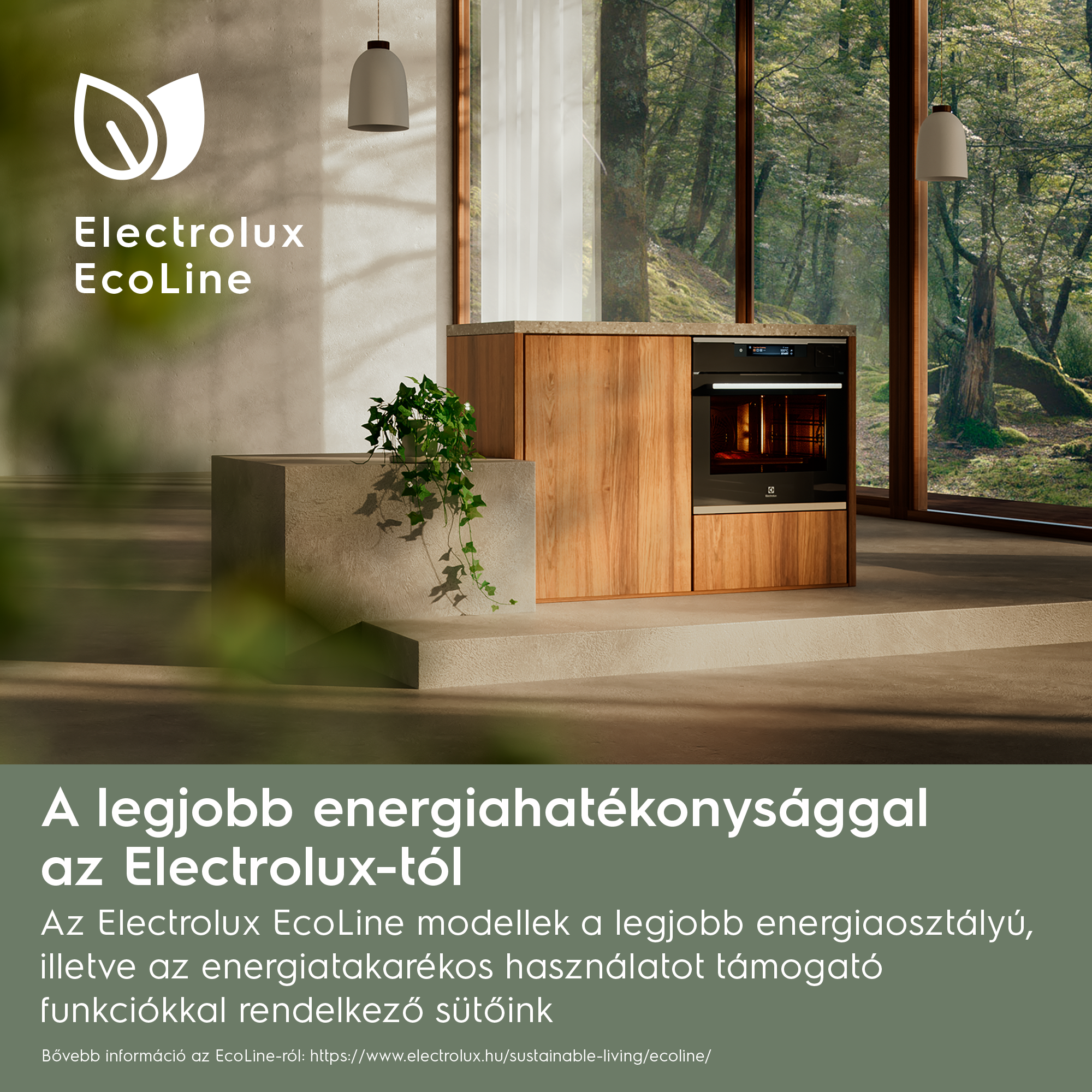 Modern fa konyhasziget beépített sütővel nagy erdei ablak előtt és szöveggel.
