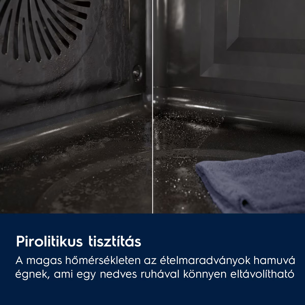 Sütőbelső-összehasonlítás: balra szennyezett, jobbra pirolitikus tisztítás után egy kendővel tisztára törölve.