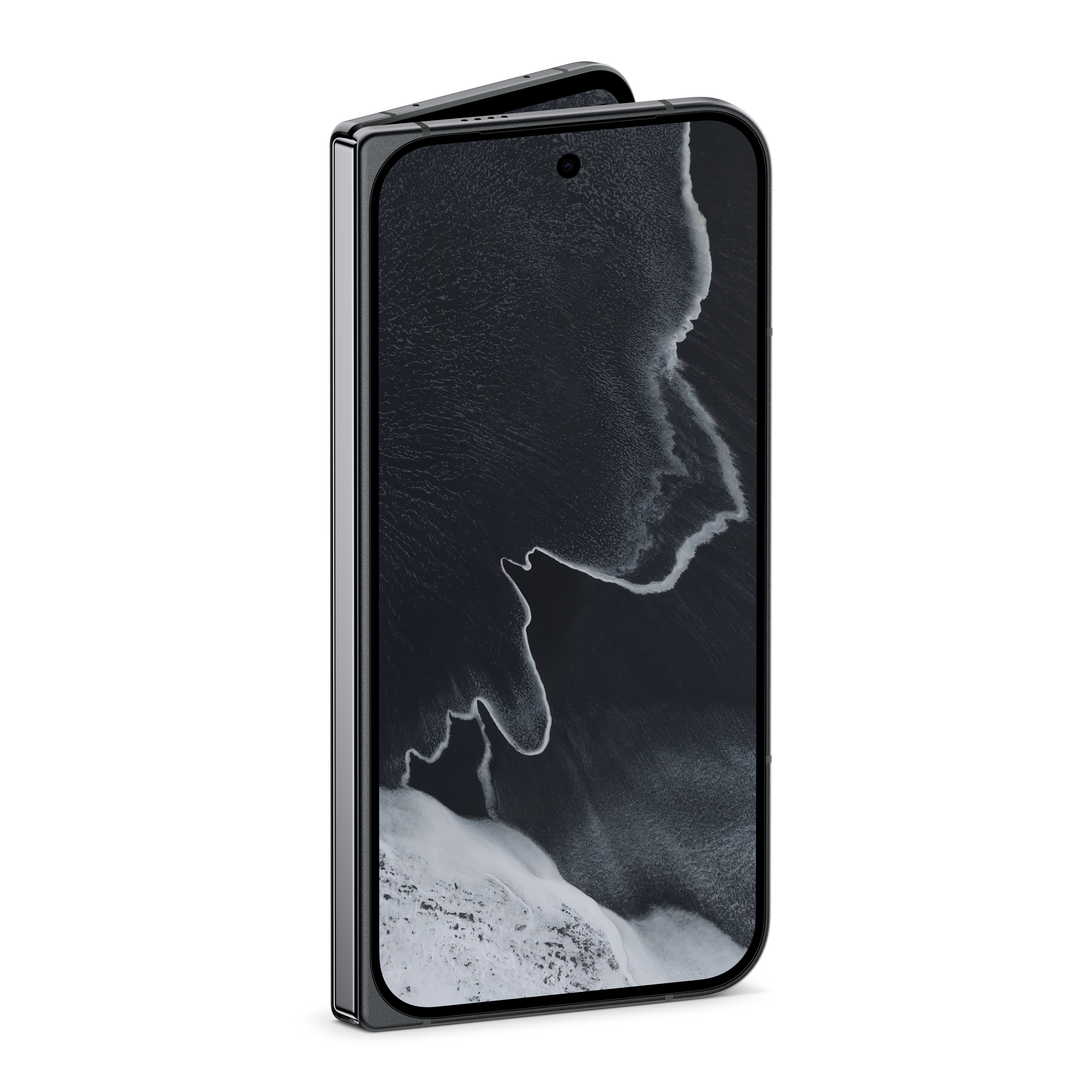 Ein schwarzes faltbares Smartphone steht leicht geöffnet auf weißem Hintergrund und zeigt ein abstraktes Muster.