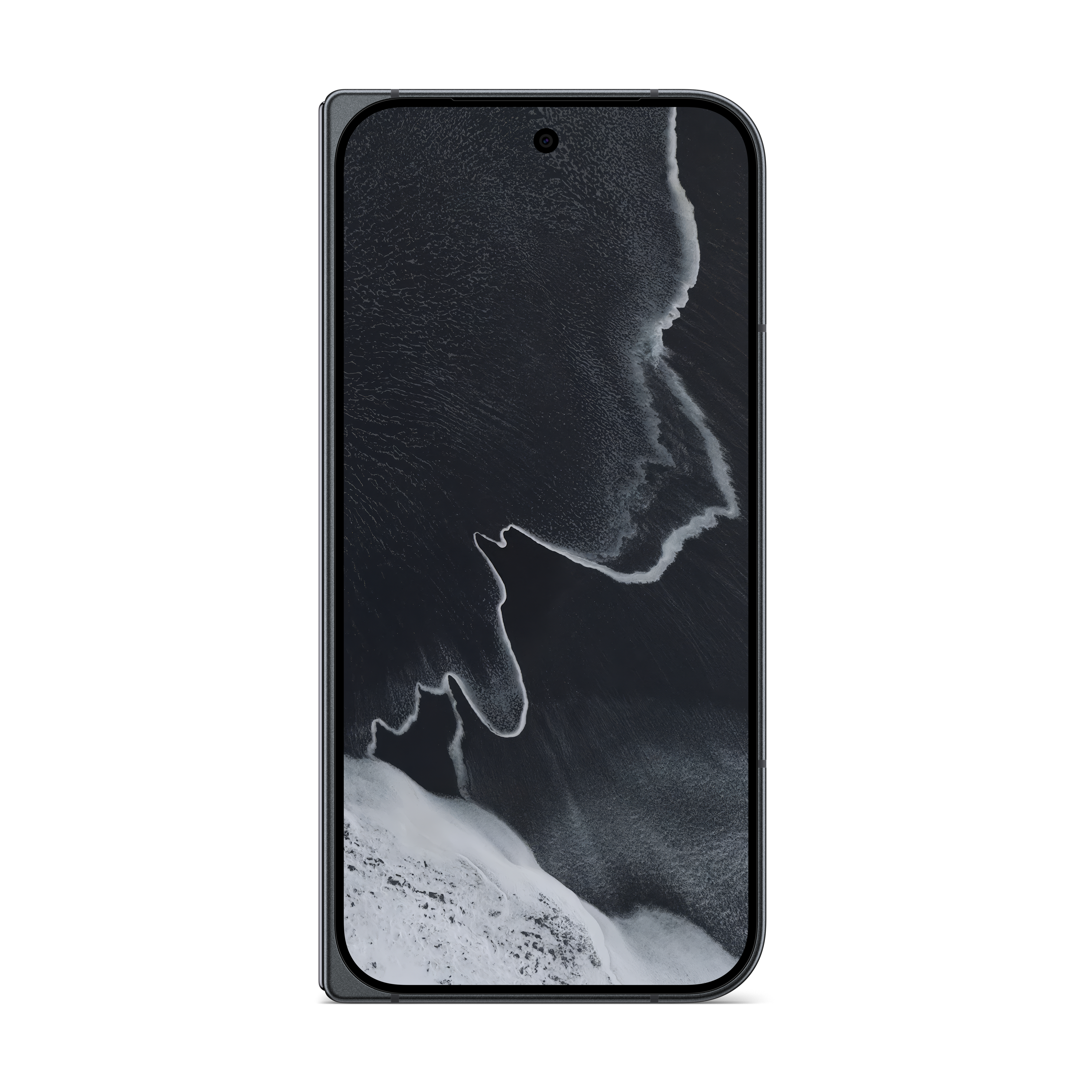 Ein schwarzes Smartphone mit dunklem, abstraktem Hintergrundbild mit weißen Wellen.