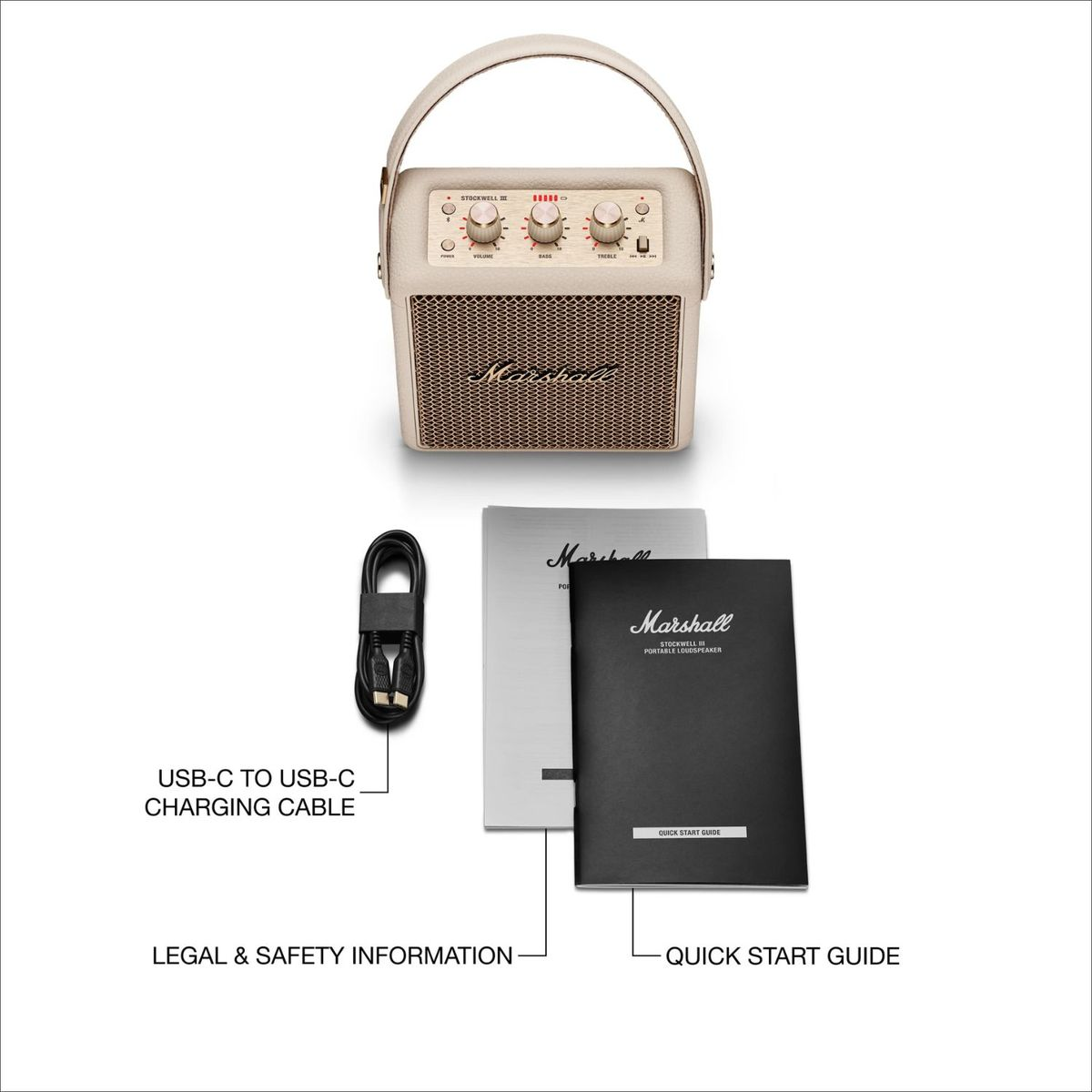 Marshall Stockwell III Lautsprecher mit USB-C-Kabel, Anleitung und Sicherheitsinformationen.