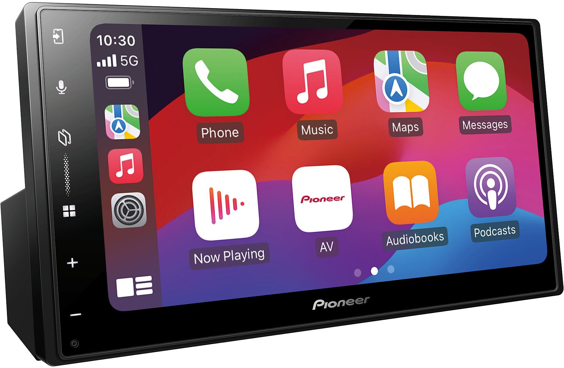 Autoradio Pioneer à écran tactile affichant le menu Apple CarPlay avec des applications.