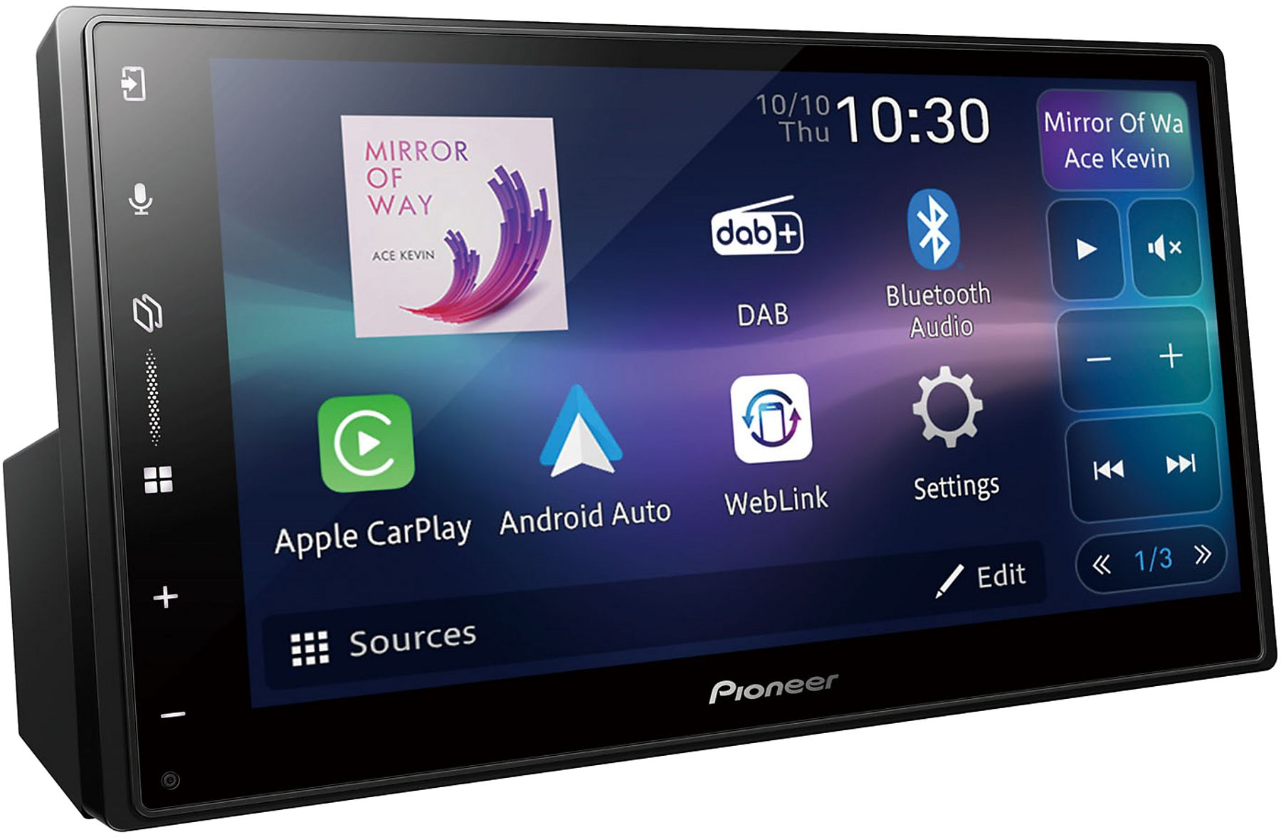 Autoradio Pioneer avec écran tactile affichant Apple CarPlay, Android Auto, DAB+ et Bluetooth.