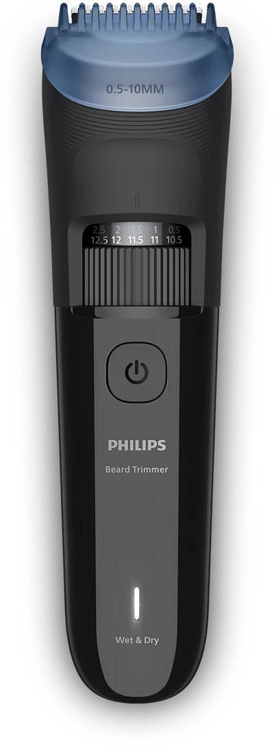 Ein schwarzer Philips Barttrimmer mit blauem Kammaufsatz, Längenrad, Ein-/Ausschalter und Licht unten.