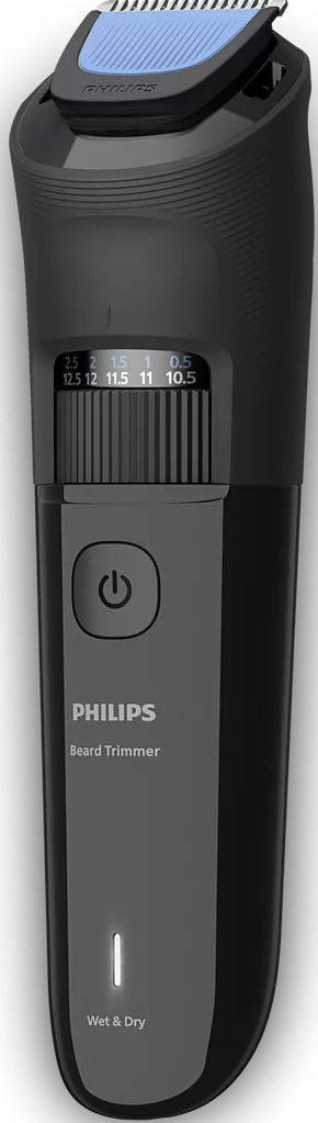 Schwarzer Philips Barttrimmer mit Längeneinstellungsrad, Ein/Aus-Schalter und Wet & Dry-Logo auf schwarzem Hintergrund.