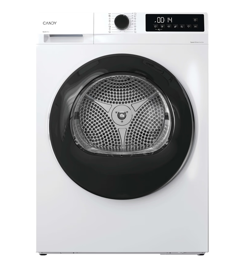 Vue de face d'un sèche-linge blanc Candy avec un hublot noir et un panneau de commande numérique.
