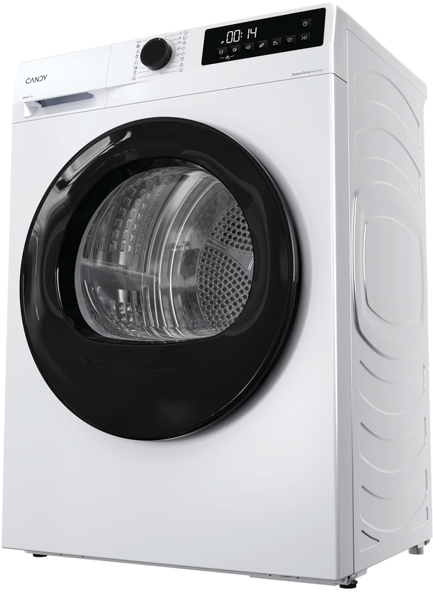 Un sèche-linge blanc Candy avec hublot noir et panneau de commande numérique sur surface blanche.