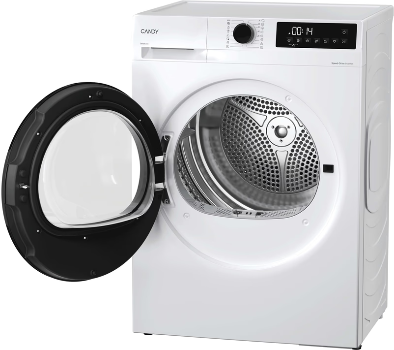 Sèche-linge Candy blanc avec porte en verre noir ouverte et panneau de commande numérique.