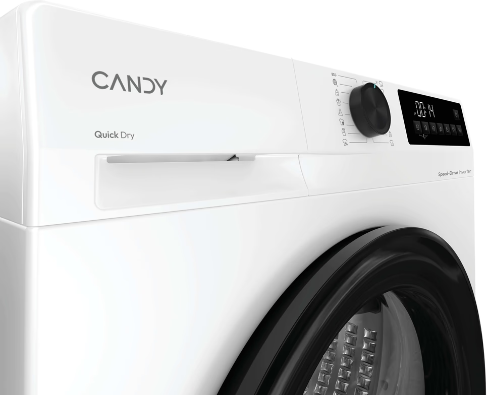 Lave-linge blanc Candy avec bouton rotatif noir et affichage numérique.