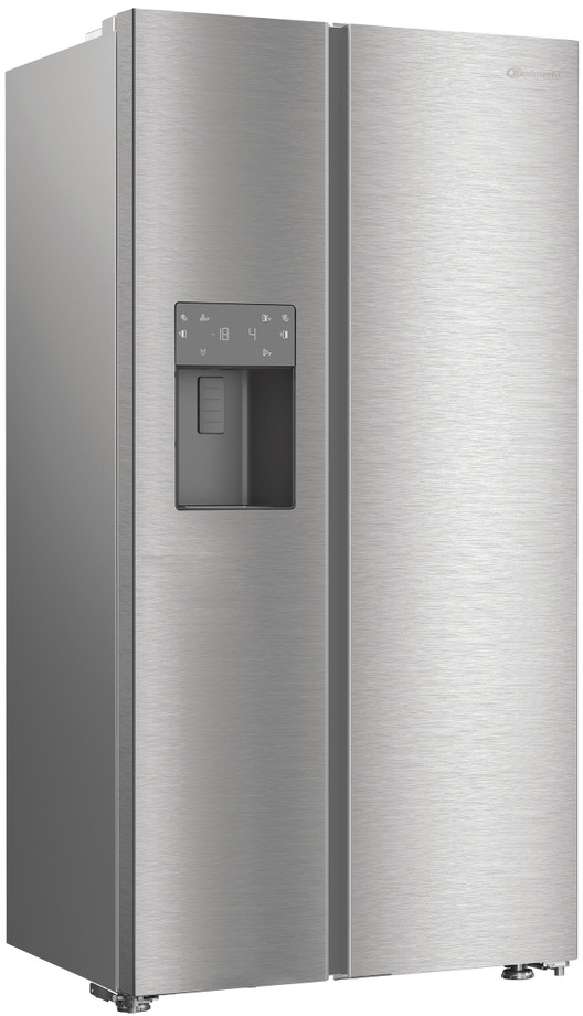 Silberner Side-by-Side-Kühlschrank mit Wasserspender und Digitaldisplay auf der linken Tür.