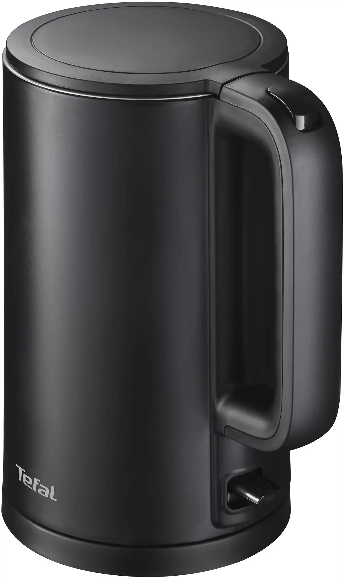 Un bollitore elettrico Tefal nero opaco su sfondo bianco, con manico e interruttore.